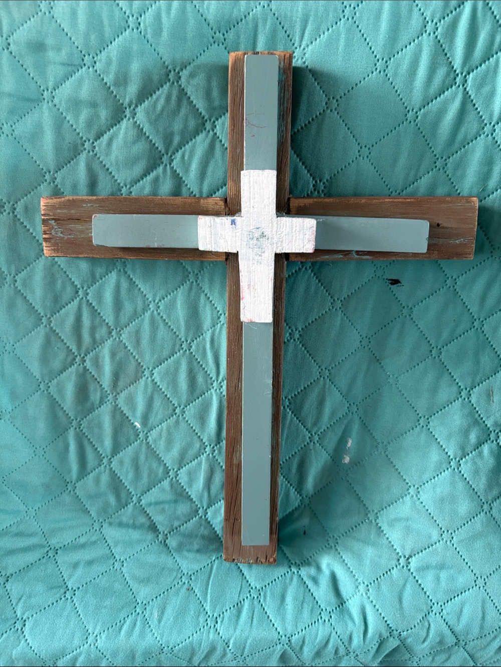 Handmade Wooden Cross with Teal and White Accents